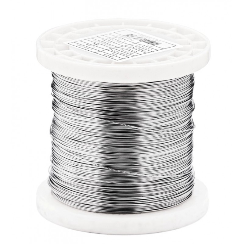 0.035 mm 316L V4A stainless steel wire, annealed and polished, food-grade quality, 0.5 kg spool with 65,000 metres of wire.